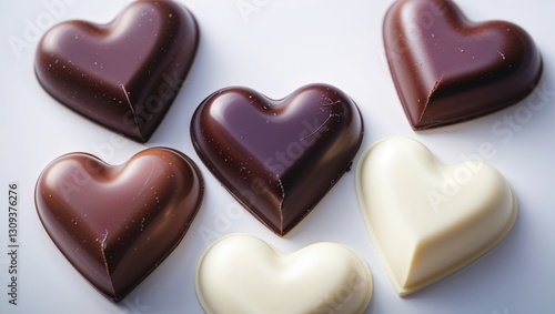 Assorted heart-shaped chocolates displayed on a white surface for a romantic treat or celebration