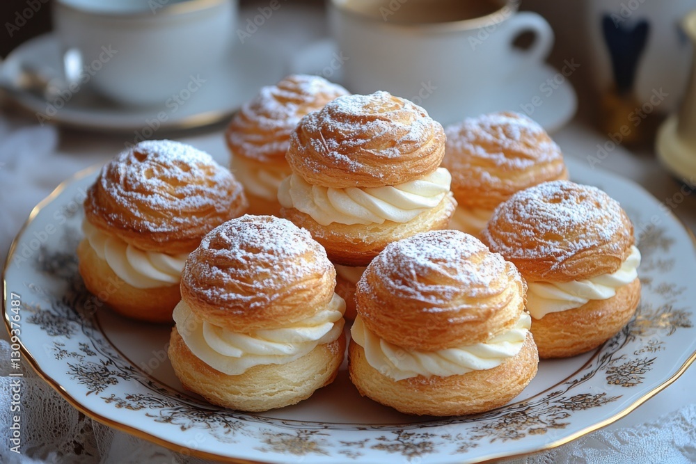 Cream puffs dusted with powdered sugar Golden pastry filled with sweet cream Perfect for tea time! Cream puffs dusted with powdered sugar Golden pastry filled with sweet cream Perfect for tea time!