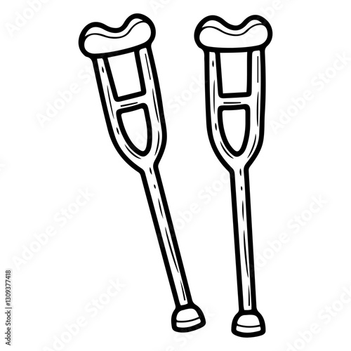 A pair of crutches. Hand drawn doodle. An object to help walk when injured legs. Medical tool. Vector line art illustration.