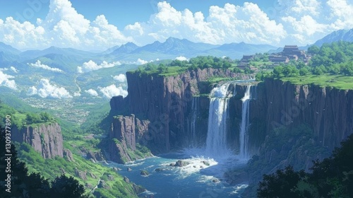 waterfall in the mountains and blue sky with clouds, 3d render