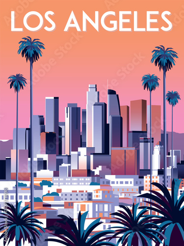 Landscape with palms, suburban houses in the first plan and downtown city center in the background.  Los Angeles Art Deco travel poster. Handmade drawing vector illustration.