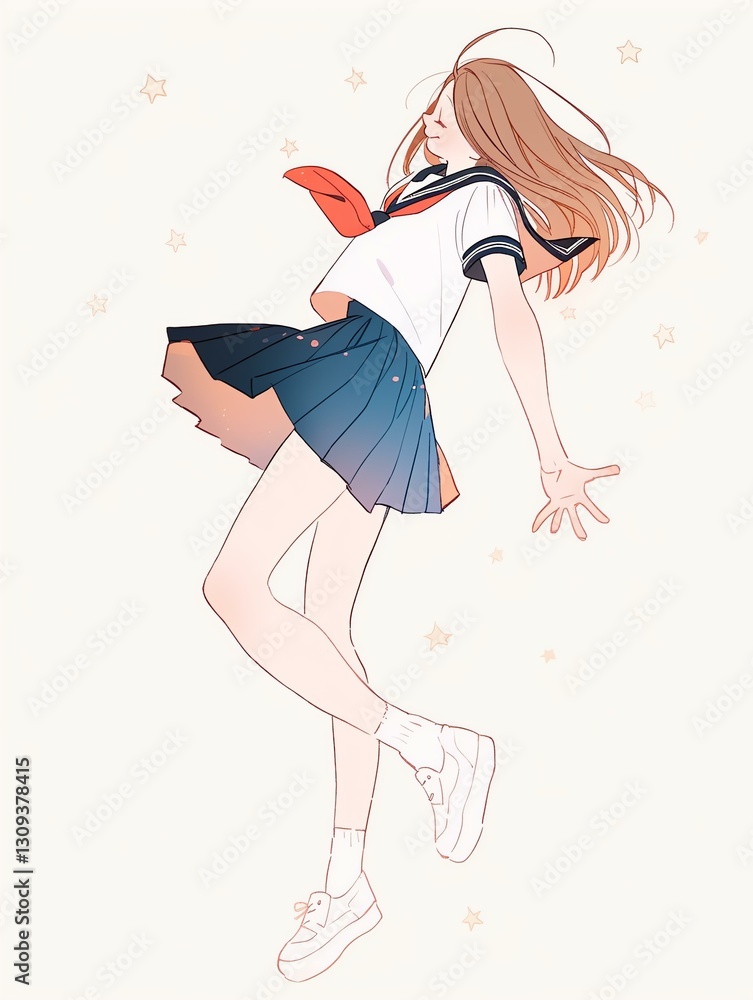 Anime High School Girl Jumping in Sailor Uniform