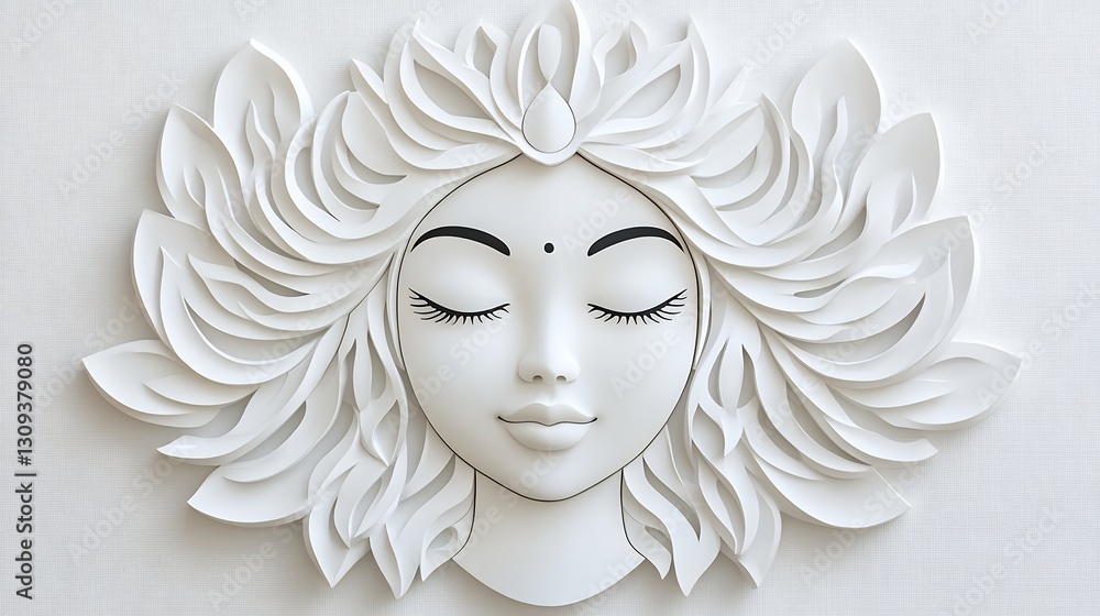 Serene White Female Face Relief Art with Intricate Hairstyle Serene White Female Face Relief Art with Intricate Hairstyle