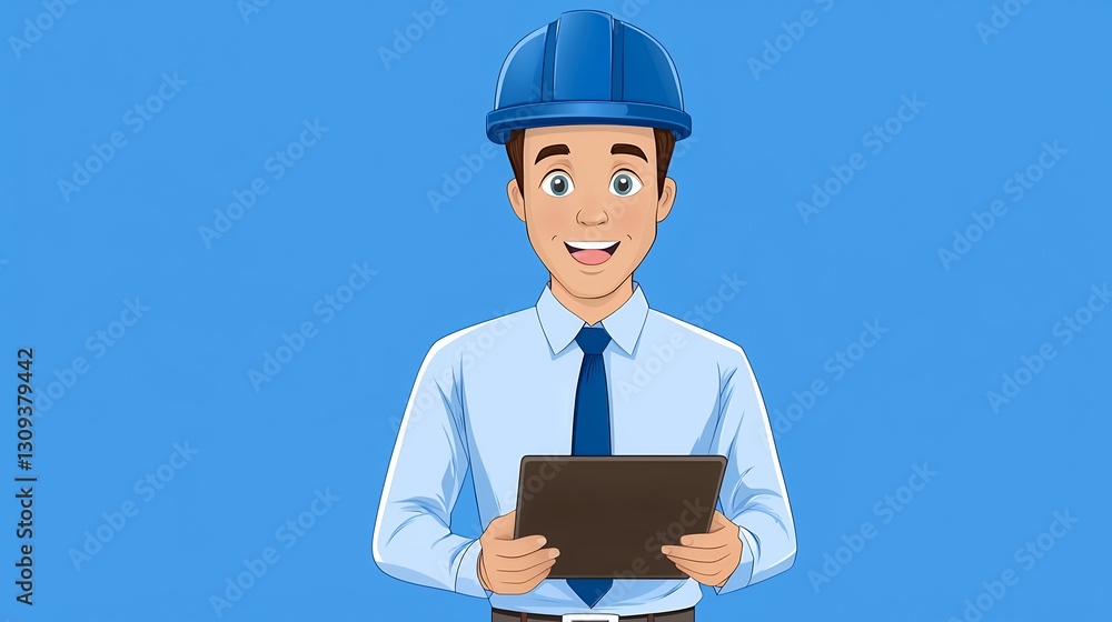 Smiling Male Engineer in Blue Hard Hat Holding Clipboard Smiling Male Engineer in Blue Hard Hat Holding Clipboard