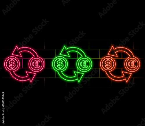 3D currency exchange icon. golden USD dollar, EUR euro on blue background. neon style.