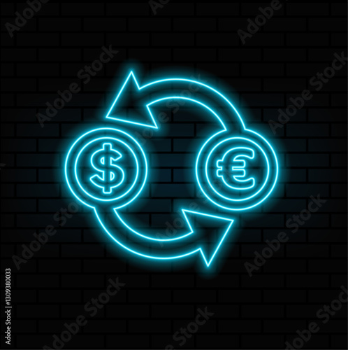 Coin euro and dollar with arrow, currency exchange transfer concept. floating on purple background, bill money Cost saving, profit, cashback, minimal cartoon, 3d render illustration. neon style.