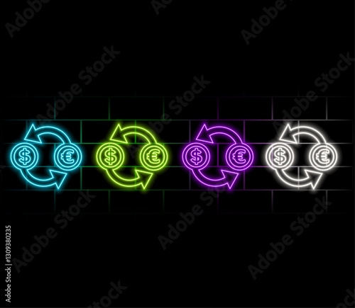 euro currency equals dollar, parity euro against dollar, downtrend euro, financial market concept simple vector illustration. neon style. purple color.