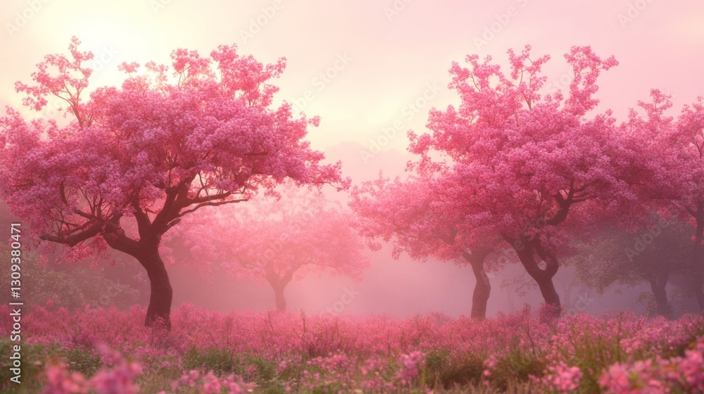Fototapeta premium Pink Blossom Trees in Misty Sunrise