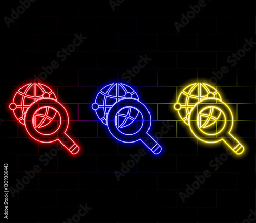 Glowing neon line Magnifying glass with globe icon isolated on black background. Analyzing the world. Global search sign. Vector Illustration