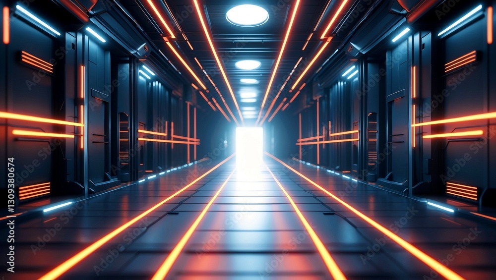 Glowing lines form futuristic gateway to bright light Glowing lines form futuristic gateway to bright light