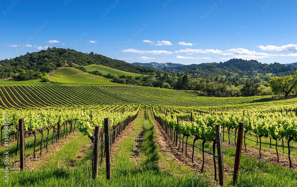 Fototapeta premium Spring Vineyard With Fresh Green Leaves