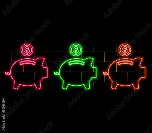 Outline neon money box icon. Glowing neon piggy bank with dollar sign, moneybox pictogram. Piggybank, investing and money saving, finance capital and investment. Vector icon set, symbol for UI