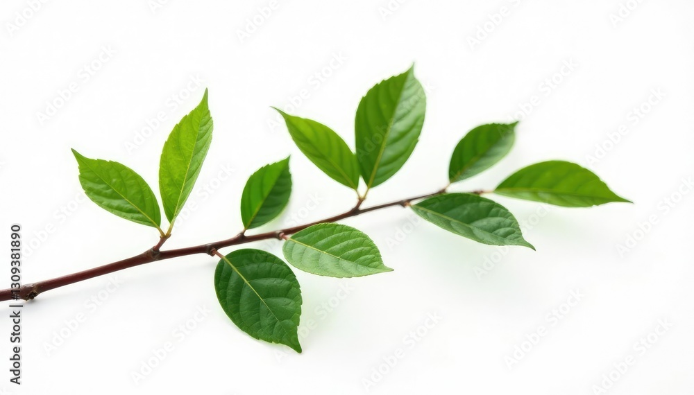 Single branch with leaves isolated on white background, minimalist, bright, isolated
