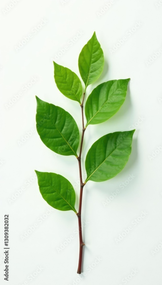 Obraz premium Single branch with leaves in a plain white background, texture, nature, greenery