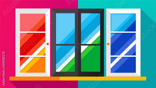 Vibrant colored handles contrasting against the stark white frames of the newly installed windows.. Vector illustration