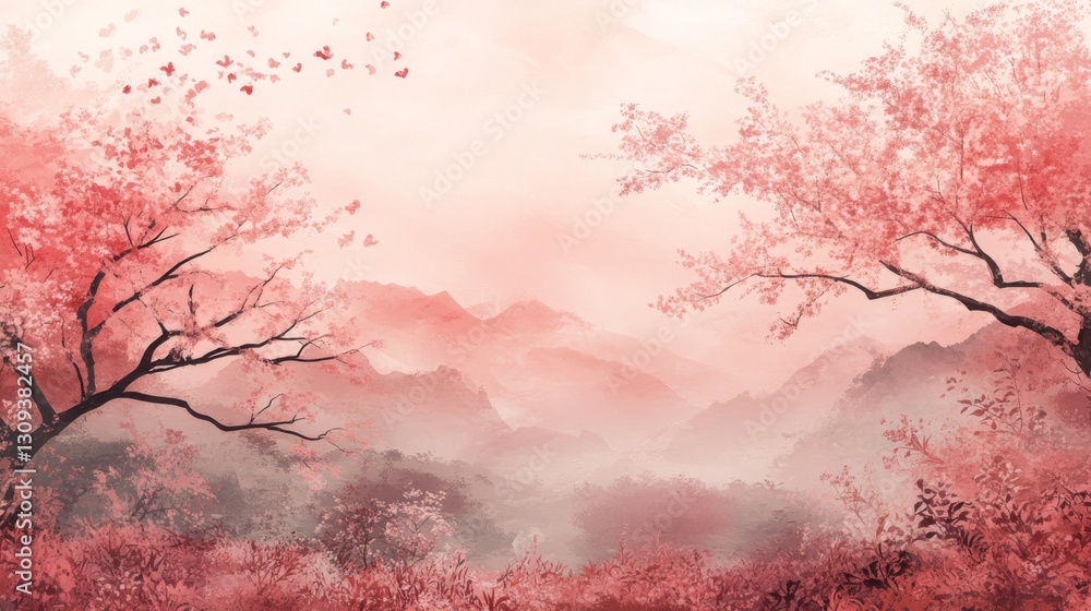 Pink Cherry Blossom Trees and Foggy Mountains Pink Cherry Blossom Trees and Foggy Mountains