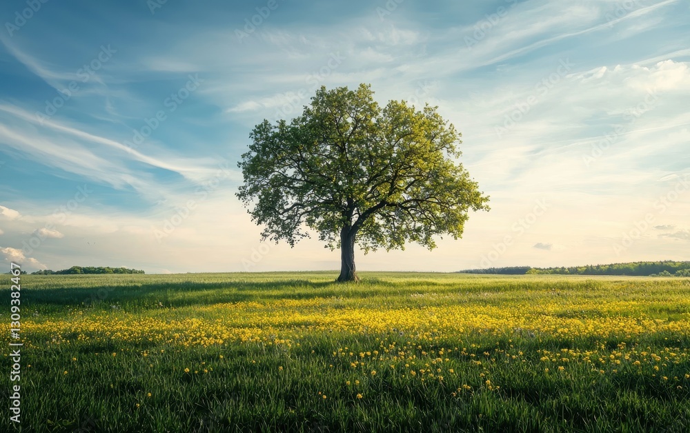 Obraz premium Tranquil Spring Field With A Lonely Oak Tree