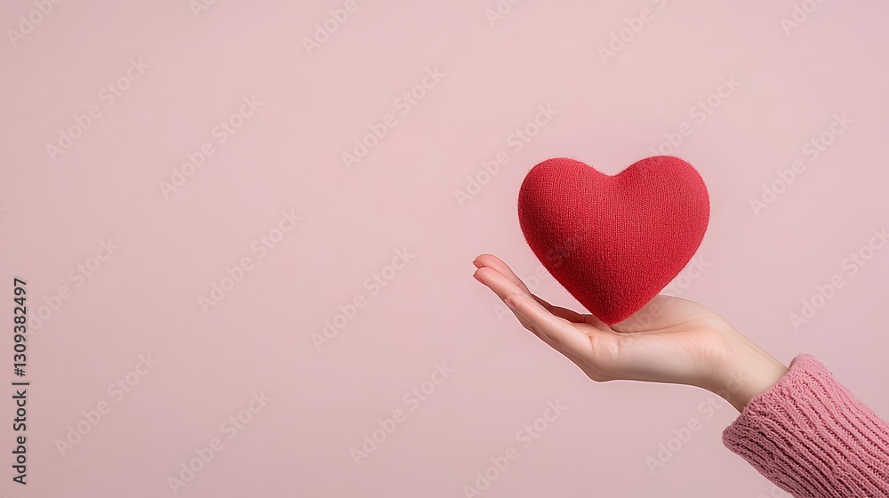 Woman's Hand Holding a Fluffy Red Heart Against a Pink Background Woman's Hand Holding a Fluffy Red Heart Against a Pink Background