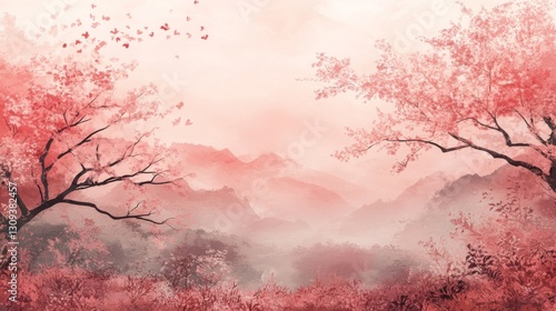 Pink Cherry Blossom Trees and Foggy Mountains