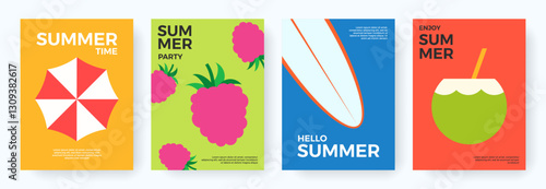 Set of simple summer backgrounds with surfboard, raspberry, cocktail in coconut, beach umbrella. Abstract vacation, weekend and summer time concept. Minimal design for cover, poster, banner, brochure
