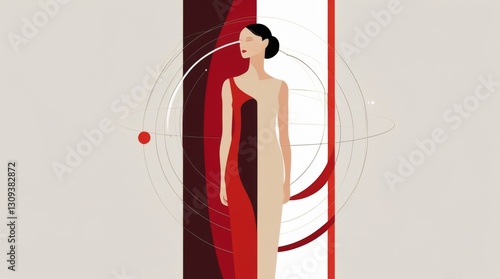 Minimalist illustration of a slender woman standing upright, set against a bold backdrop featuring a striking contrast of crisp white and deep rich red tones, with subtle geometric patterns and delica