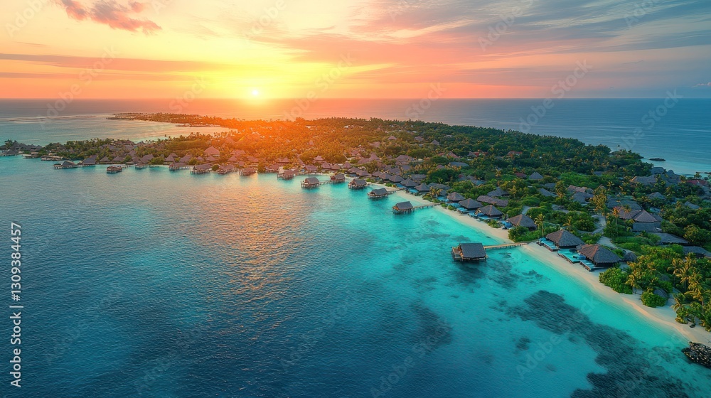 Obraz premium Aerial Sunset Resort Island Paradise