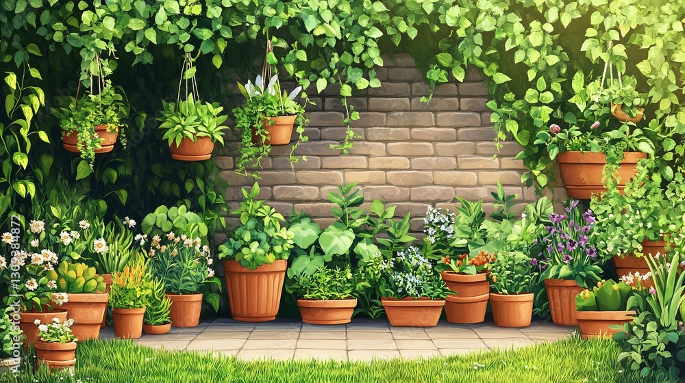 Fototapeta premium urban community garden with lush greenery potted plants sustainable lifestyle eco living peaceful environment and healthy lifestyle concept