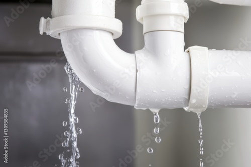 Water Leak from White Plastic Pipe with Dripping Water Drops