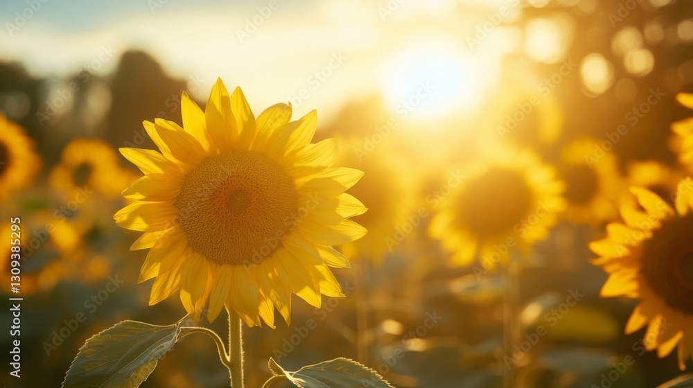 Obraz premium Vibrant Yellow Sunflowers in a Summer Field at Sunset