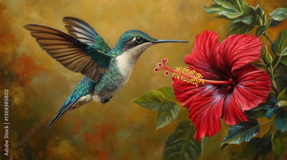 Fototapeta premium Hummingbird and Hibiscus Flower Painting