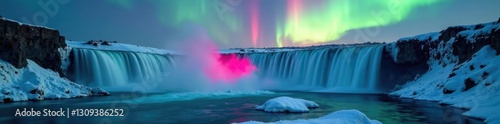 Pink aurora borealis glows above frozen waterfall, aurora borealis, icy surface, green