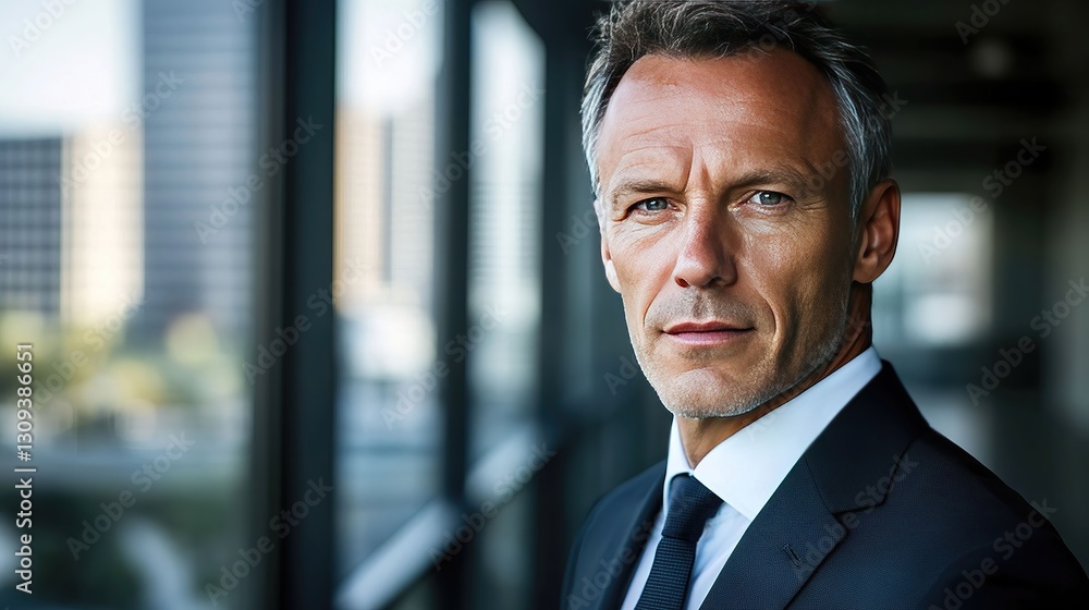 Fototapeta premium Focused businessman in formal attire, exuding confidence and professionalism in a modern office setting