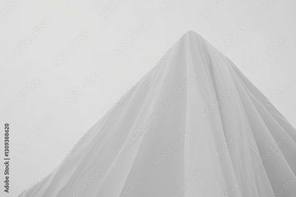 White Fabric Draped in Mountain Shape Against Soft Gray Background White Fabric Draped in Mountain Shape Against Soft Gray Background