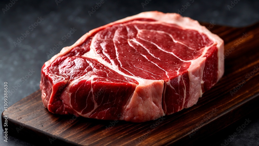 Juicy raw ribeye steak on dark wood board Juicy raw ribeye steak on dark wood board