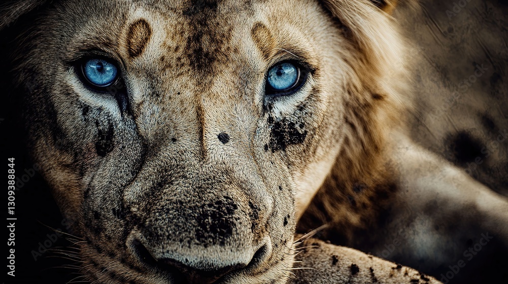 Majestic black-and-white lion with piercing blue eyes, a symbol of rare beauty and untamed wilderness Majestic black-and-white lion with piercing blue eyes, a symbol of rare beauty and untamed wilderness