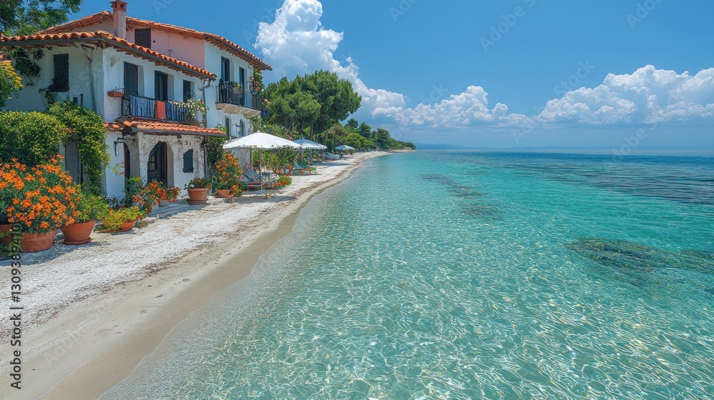 Fototapeta premium Coastal villa, beach relaxation, turquoise sea, sunny day, summer vacation