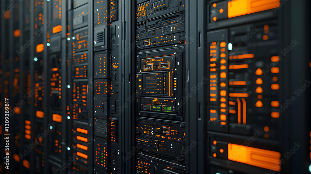 Close Up Of Server Racks With Orange Lights In A Data Center Environment Close Up Of Server Racks With Orange Lights In A Data Center Environment