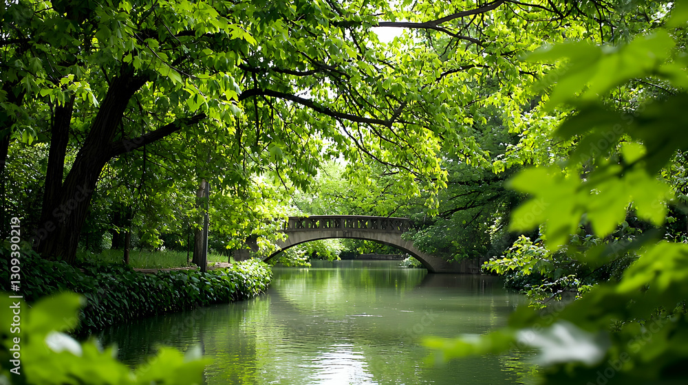 Fototapeta premium Stone Arch Bridge Spanning Over Serene River Surrounded By Lush Green Trees in Park