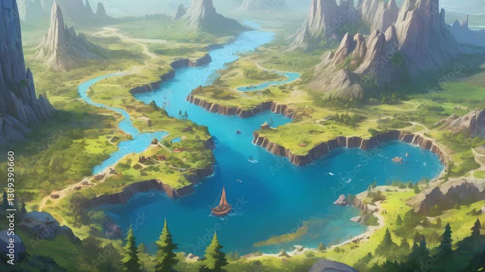 an idyllic aerial view of a river cutting through a valley with lush vegetation and mountains in the distance. A boat is sailing in the water. an idyllic aerial view of a river cutting through a valley with lush vegetation and mountains in the distance. A boat is sailing in the water.