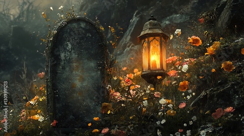 Gravestone, lantern, flowers, misty mountain, spooky graveyard scene