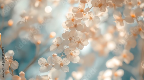 Delicate white blossoms in soft focus evoke springtime serenity their subtle glow painting a dreamy ethereal picture