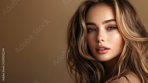 Elegant woman with flowing light brown hair highlighted with blonde tones poses against a simple brown backdrop for a portrait