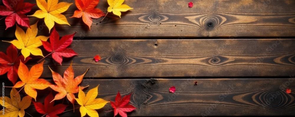 Fototapeta premium Rustic wood planks, fallen leaves, autumn colors, woods, brown