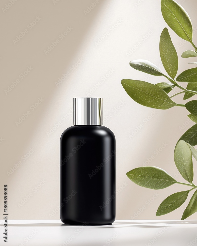 Minimalist skincare product packaging with neutral backdrop concept. Elegant black bottle with silver cap and greenery background Minimalist skincare product packaging with neutral backdrop concept. Elegant black bottle with silver cap and greenery background