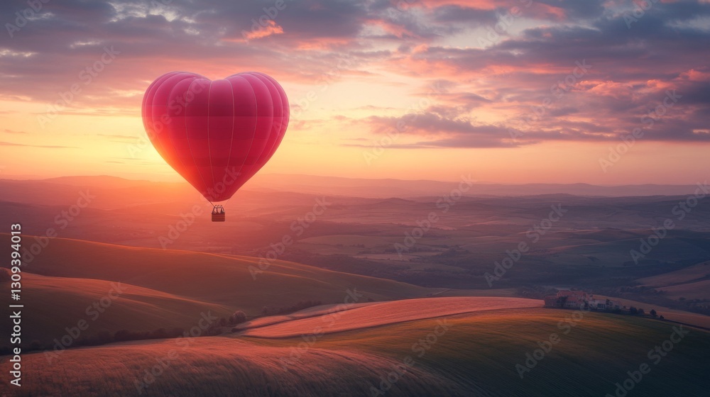 Fototapeta premium Pink Heart Shaped Hot Air Balloon Soaring Over Rolling Hills at Sunset