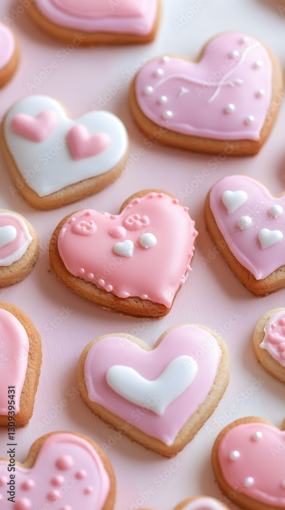 19. A close-up of heart-shaped cookies decorated with pink and white icing, placed on a soft pastel background 19. A close-up of heart-shaped cookies decorated with pink and white icing, placed on a soft pastel background