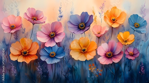 Wallpaper Mural Hand-painted watercolor floral artwork featuring meadow flowers in gentle pastel hues Torontodigital.ca