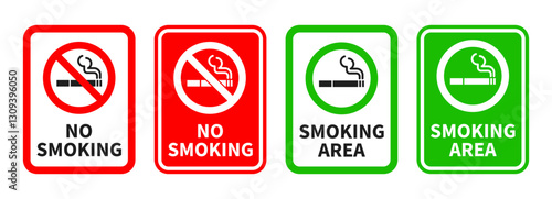 Set of "No Smoking" and "Smoking Area" vector signs in red and green with cigarette icons.