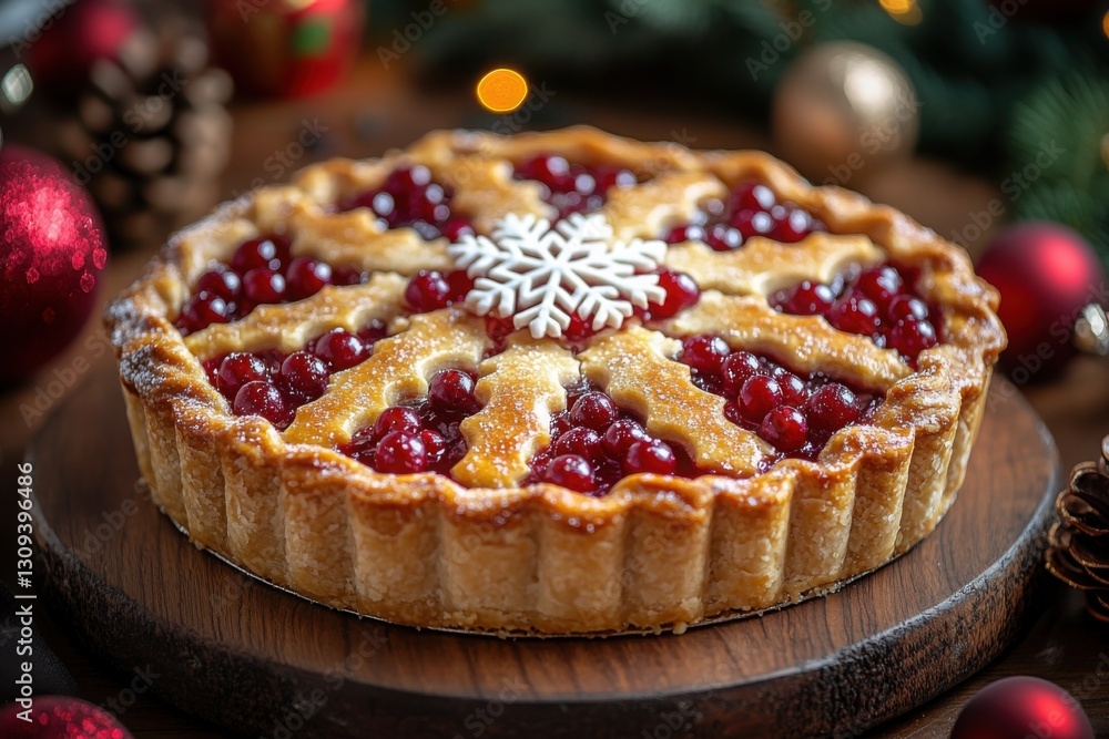 Festive cranberry pie decorated with snowflake on wooden board Seasonal holiday dessert for Christmas or winter celebrations Festive cranberry pie decorated with snowflake on wooden board Seasonal holiday dessert for Christmas or winter celebrations