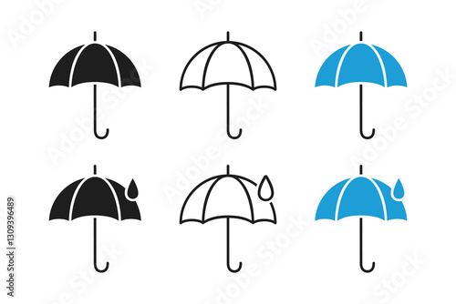 Umbrella vector icons set in black, outline and blue variations with raindrop on white background.